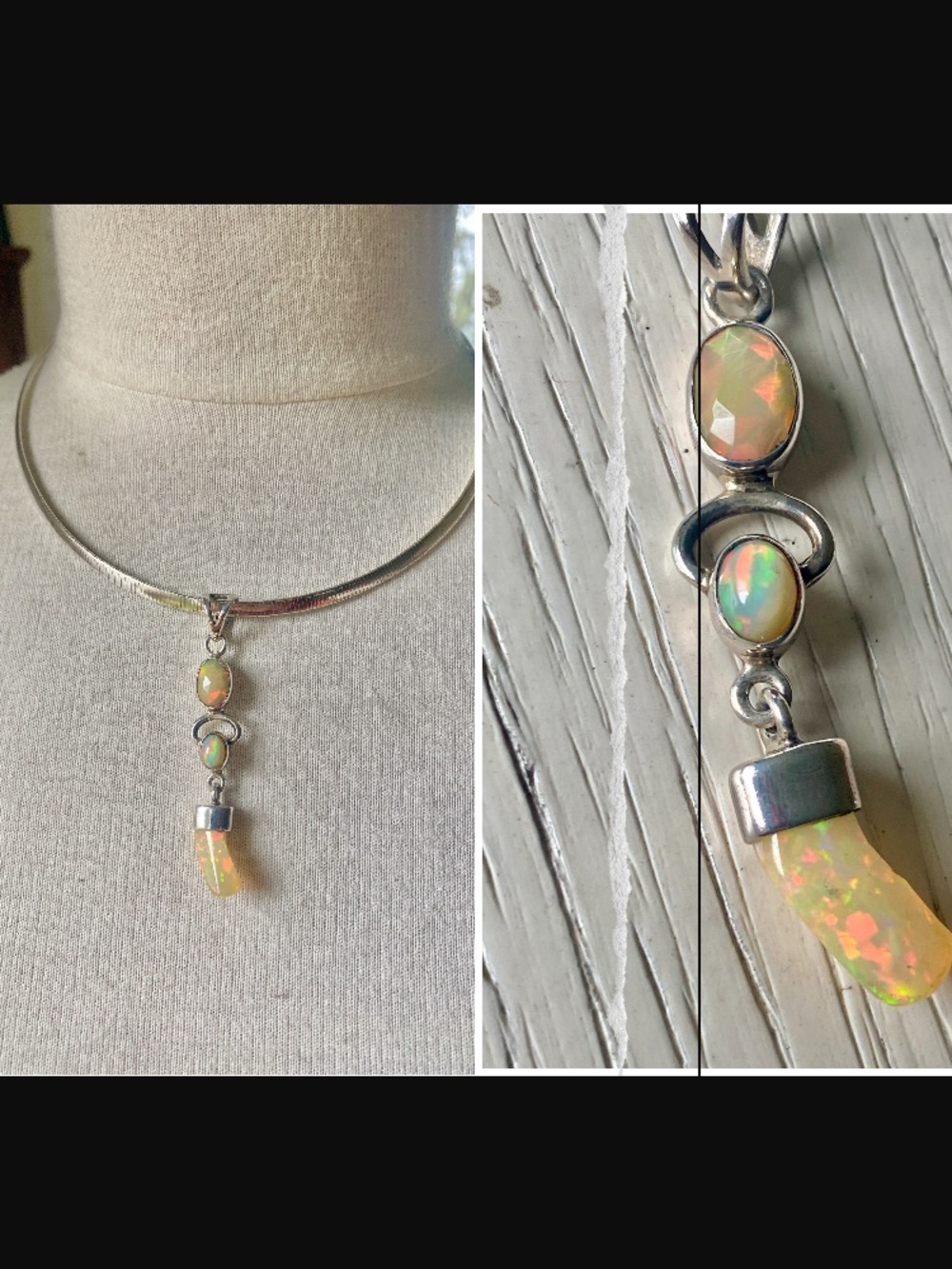 Ethiopian opal triple stone pendant and chain, stamped 925 sterling silver